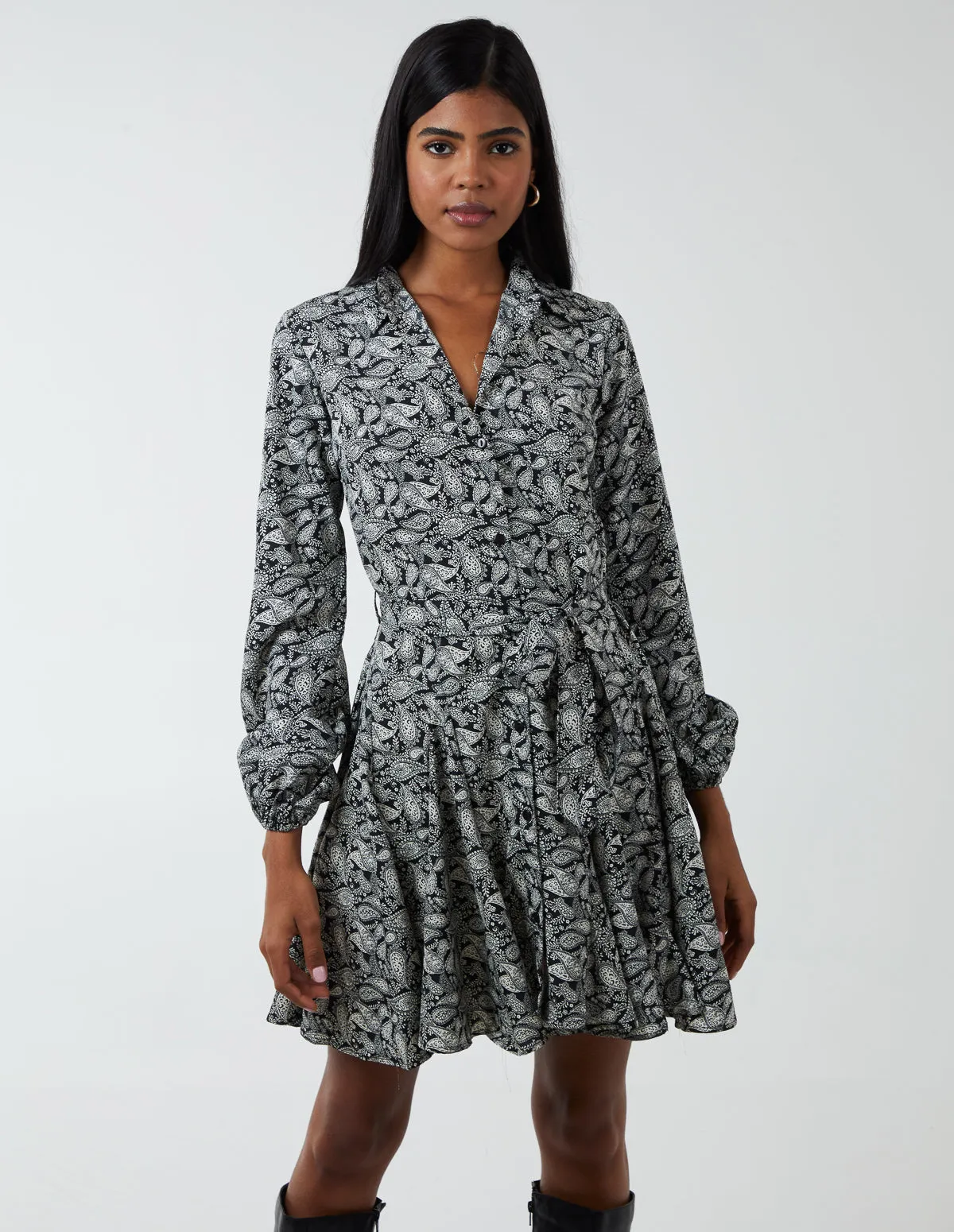 Paisley Shirt Mini Dress With Godet Hem & Tie sold by Blue Vanilla