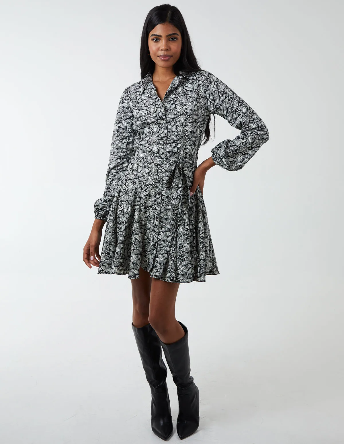 Paisley Shirt Mini Dress With Godet Hem & Tie sold by Blue Vanilla product image thumbnail 3