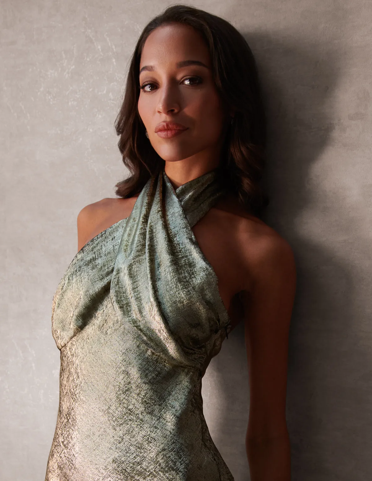 Luxe Twist Front Halter Neck Lame Dress sold by Blue Vanilla product image thumbnail 2