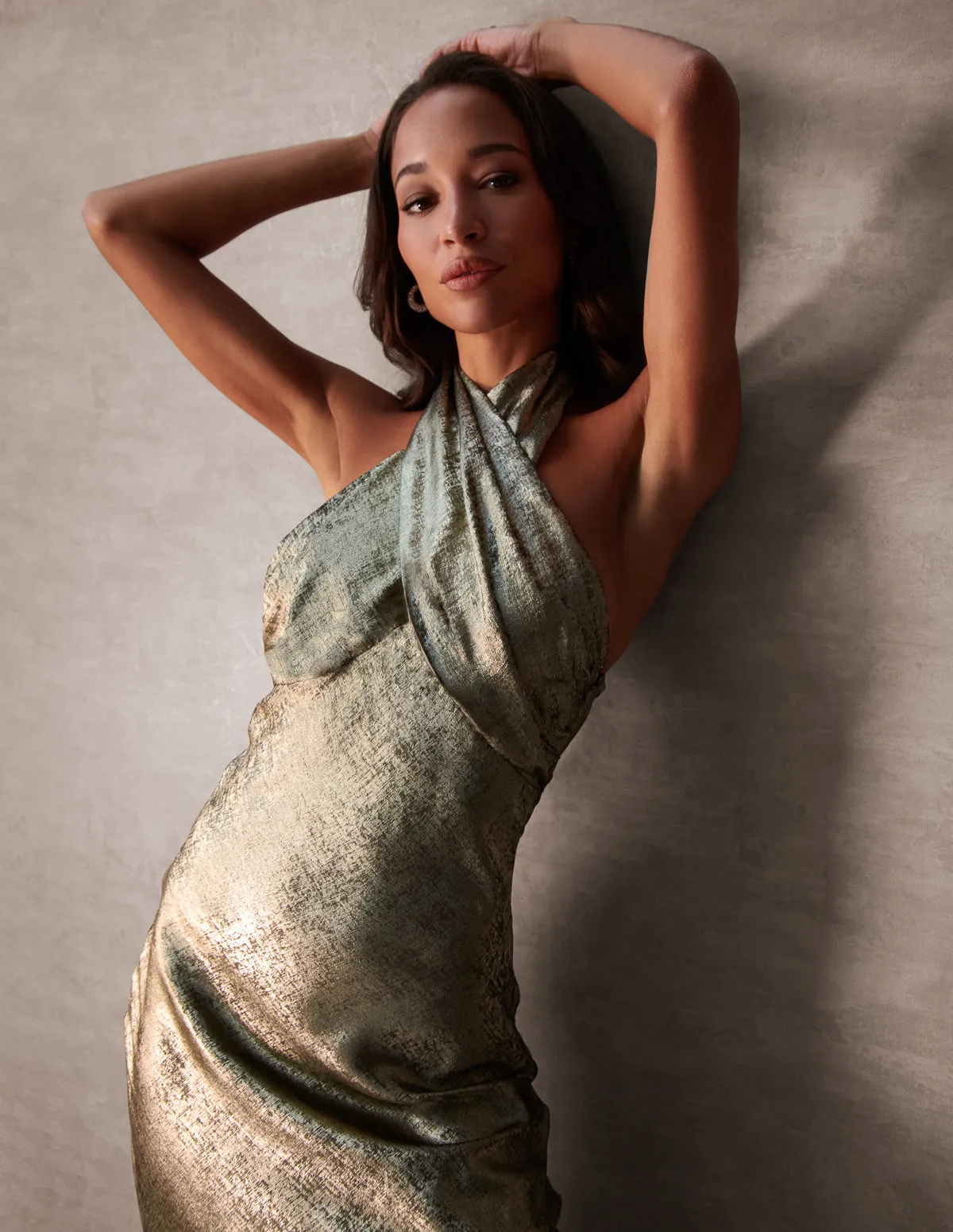 Luxe Twist Front Halter Neck Lame Dress sold by Blue Vanilla product image thumbnail 3