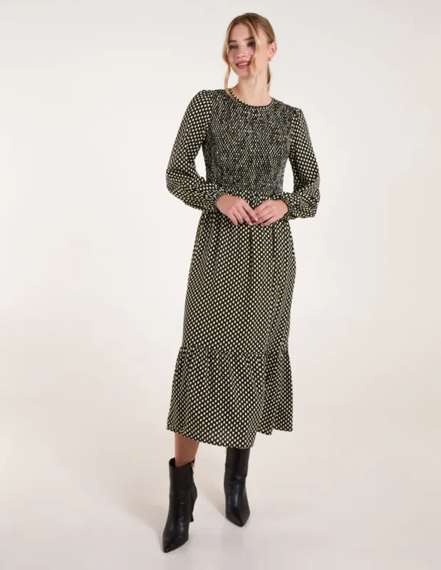 Polka Dot Shirred Cuff Sleeve Midi Dress sold by Blue Vanilla