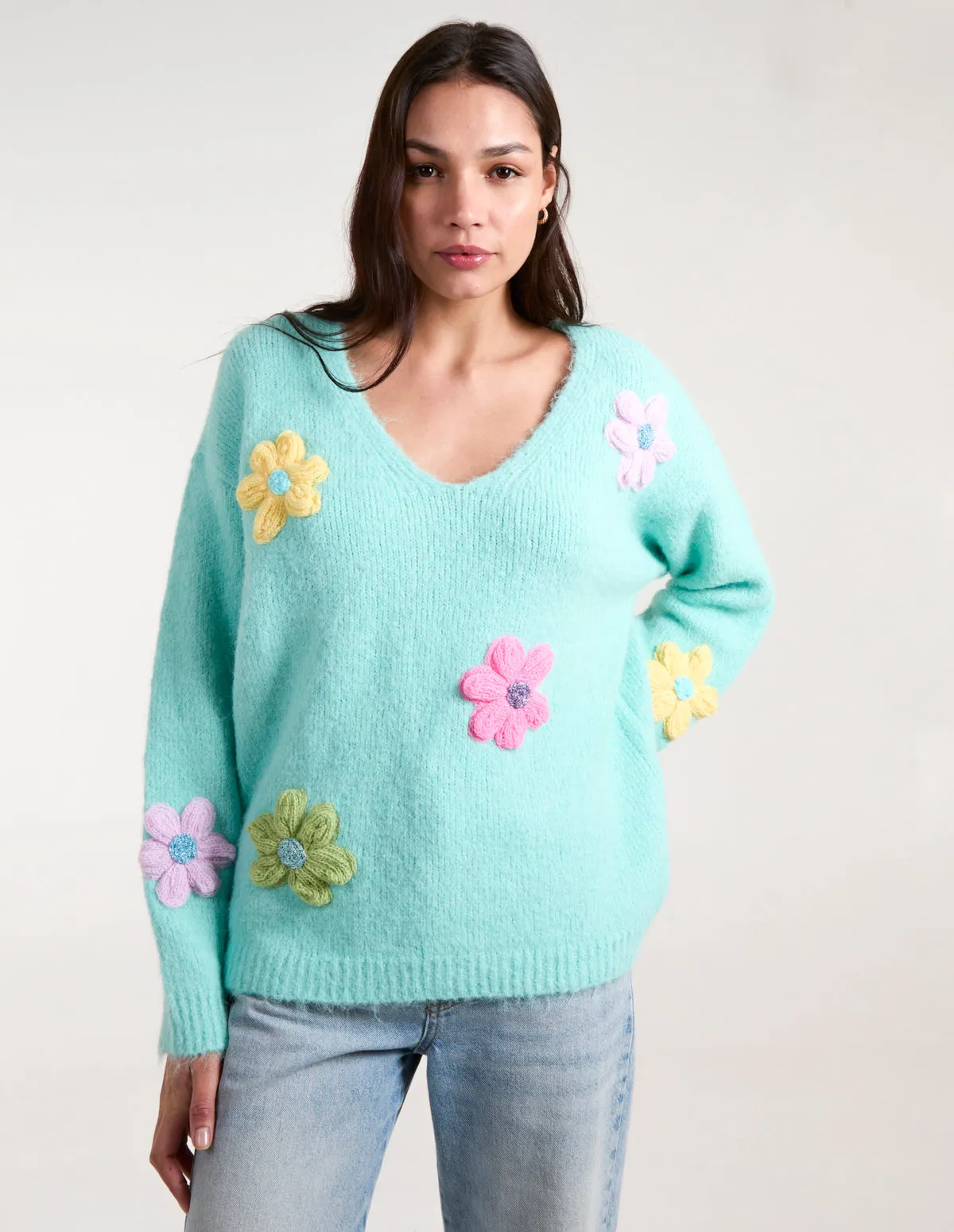 Flower Knit Embroidery V Neck Jumper sold by Blue Vanilla product image thumbnail 3
