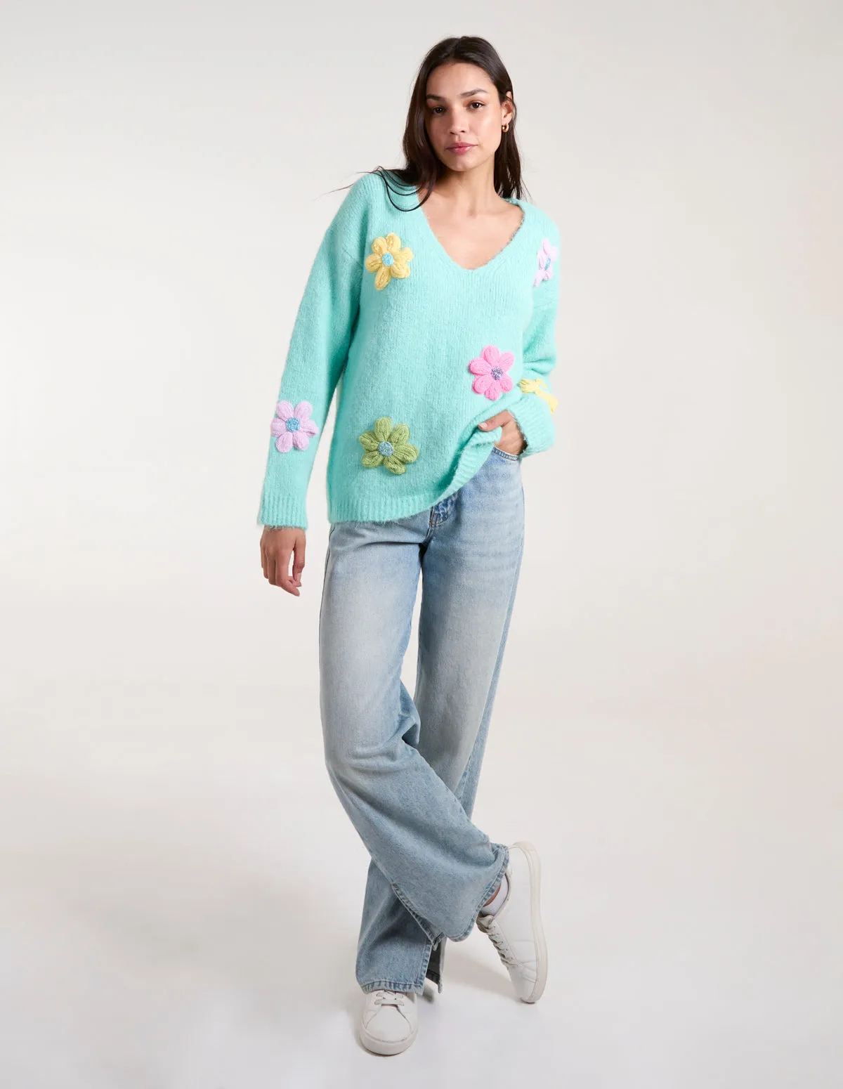Flower Knit Embroidery V Neck Jumper sold by Blue Vanilla product image thumbnail 2