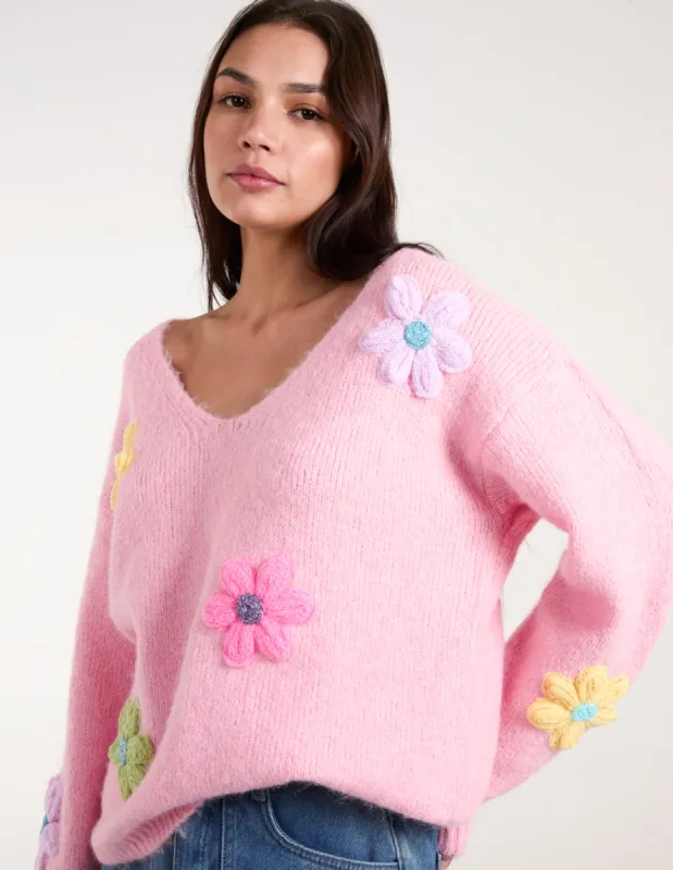 Flower Knit Embroidery V neck Jumper sold by Blue Vanilla