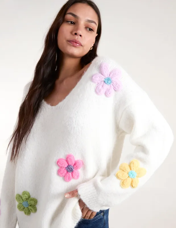 Flower Knit Embroidery V Neck Jumper sold by Blue Vanilla