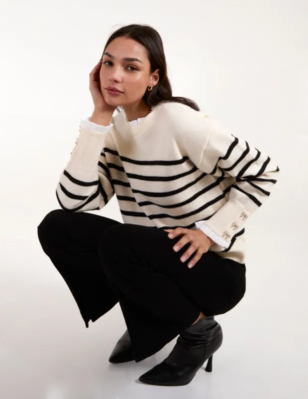 Horizontal Stripes Bow Button Detailed Jumper sold by Blue Vanilla