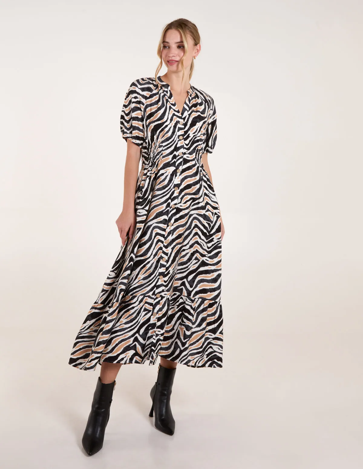 Shirred Waist Button Front Puff Sleeve Midi Dress sold by Blue Vanilla product image thumbnail 3