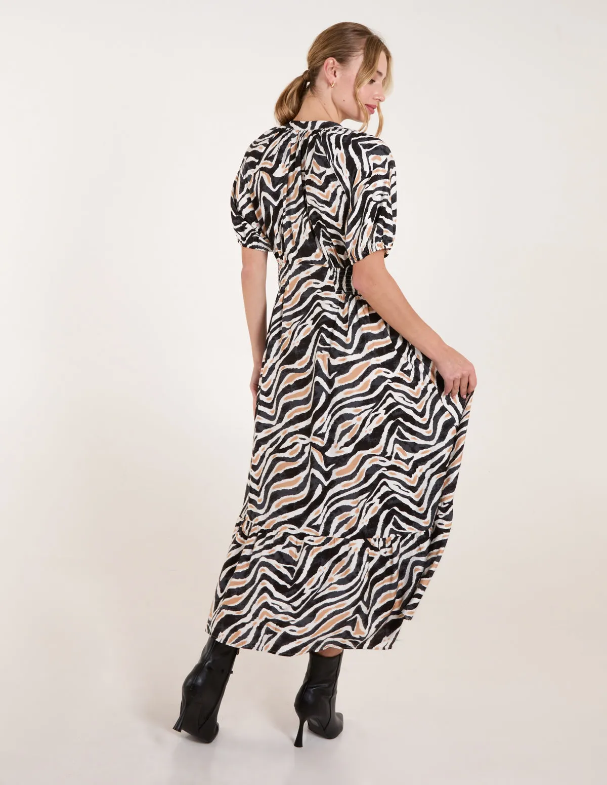 Shirred Waist Button Front Puff Sleeve Midi Dress sold by Blue Vanilla product image thumbnail 4