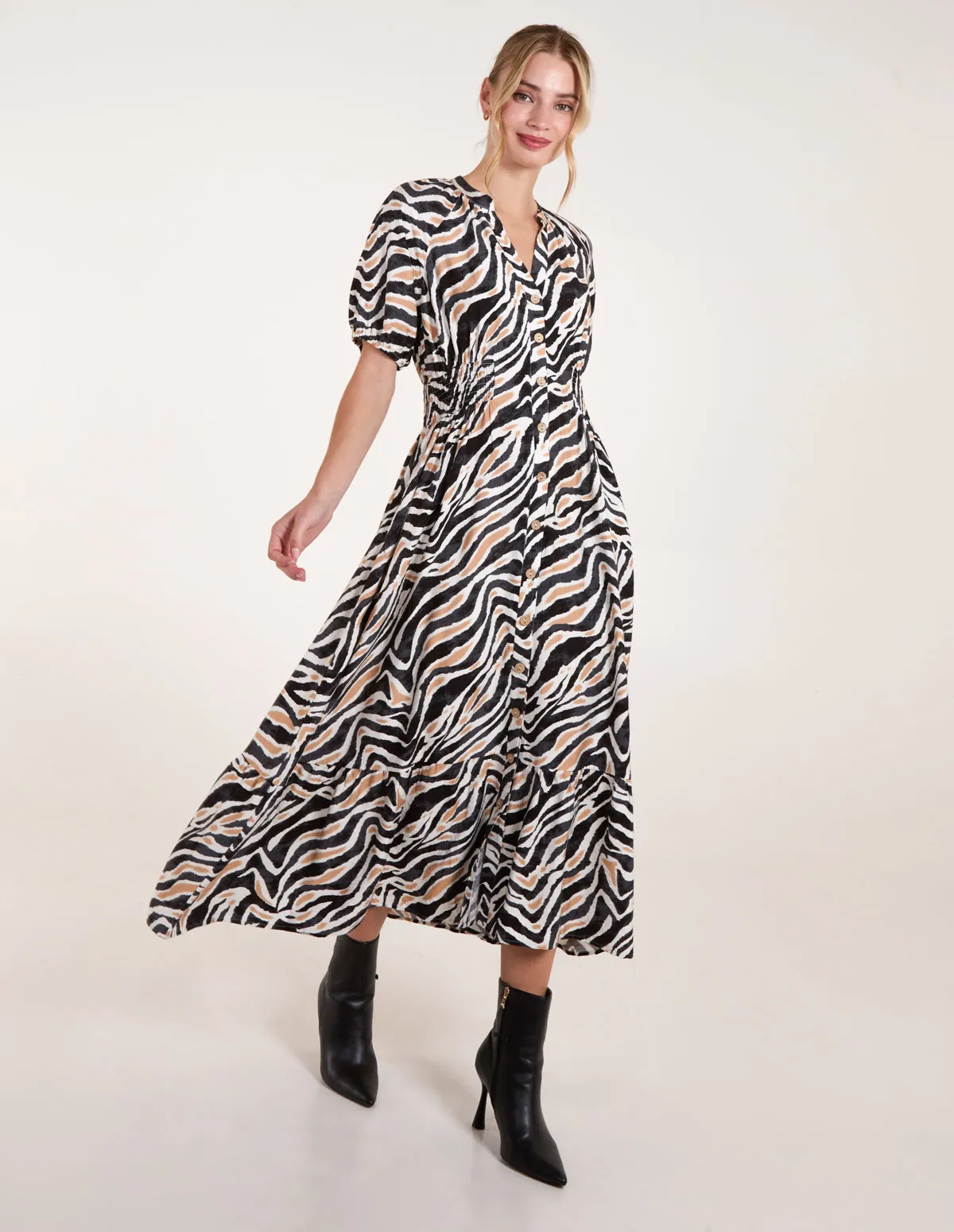 Shirred Waist Button Front Puff Sleeve Midi Dress sold by Blue Vanilla