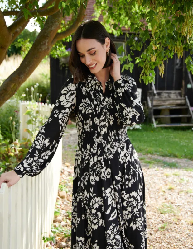 Shirred Bust Long Sleeve Midi Shirt Dress sold by Blue Vanilla