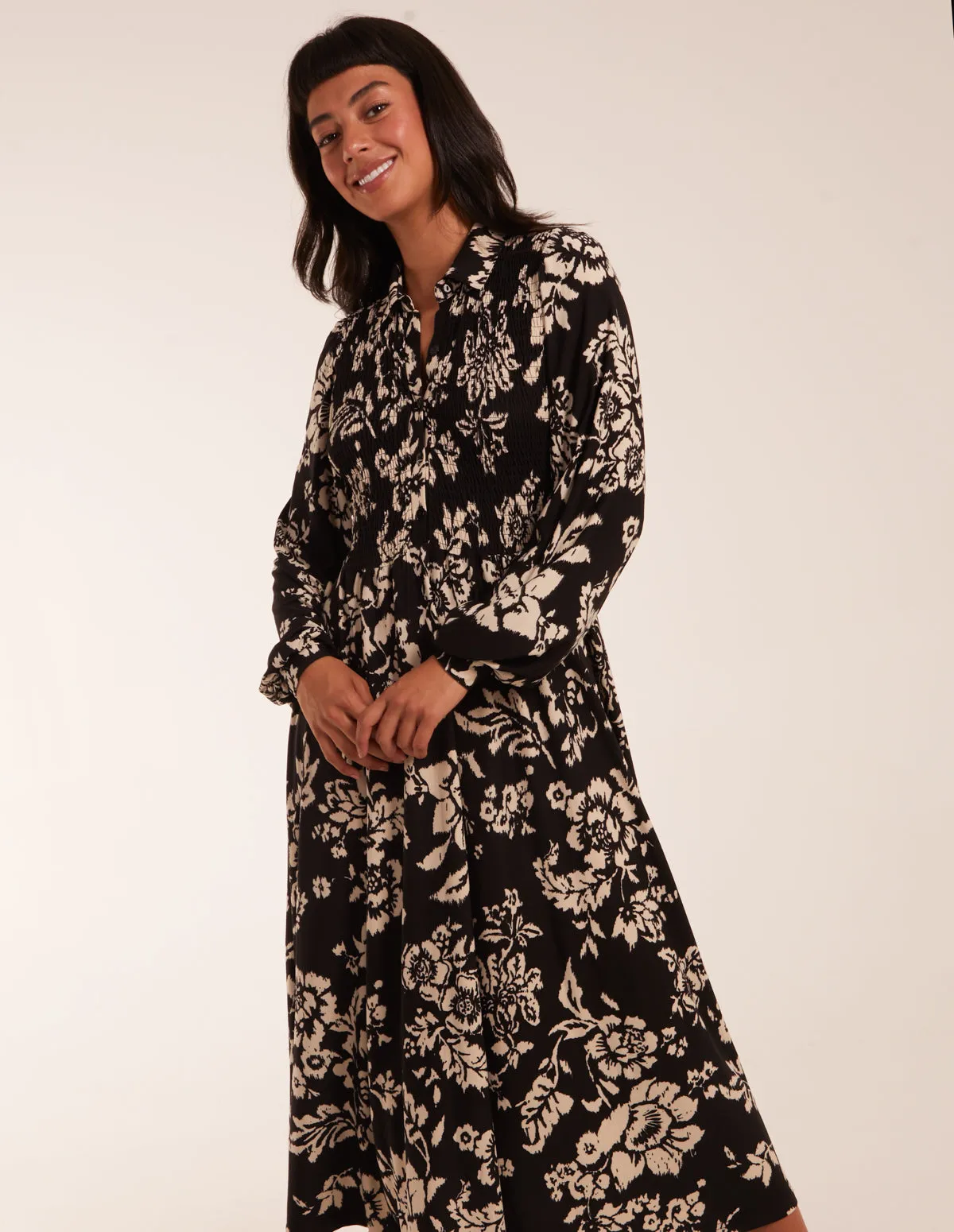 Shirred Bust Long Sleeve Midi Shirt Dress sold by Blue Vanilla product image thumbnail 4