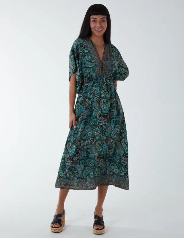 Paisley Kimono Sleeve Midi Dress sold by Blue Vanilla