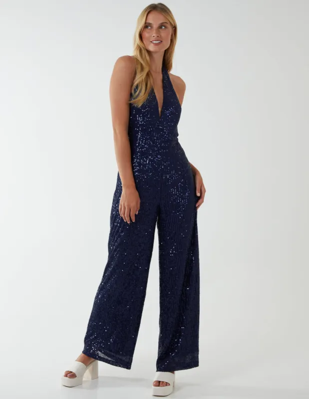 Halter Neck Plunge Jumpsuit made by Blue Vanilla
