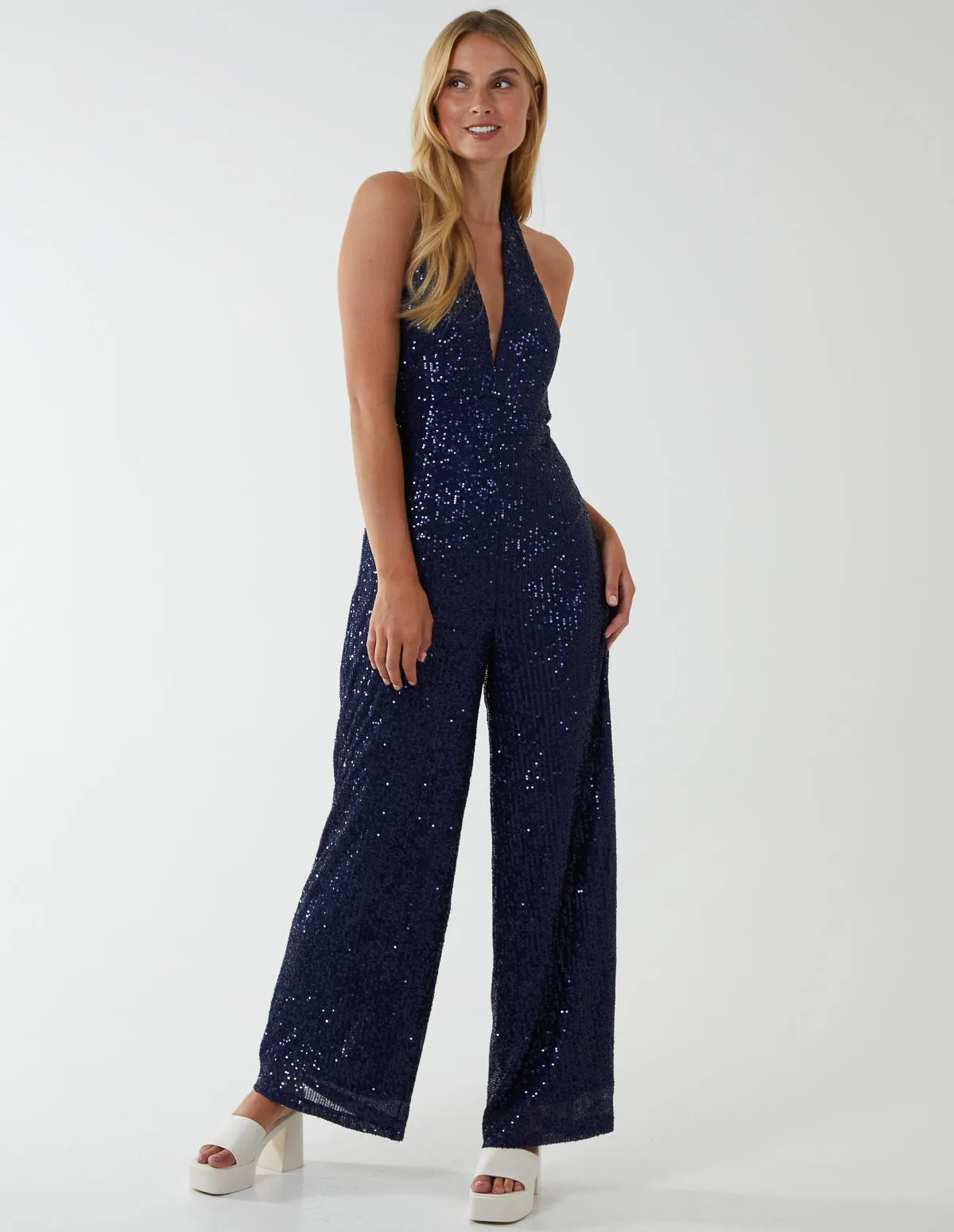 Halter Neck Plunge Jumpsuit sold by Blue Vanilla