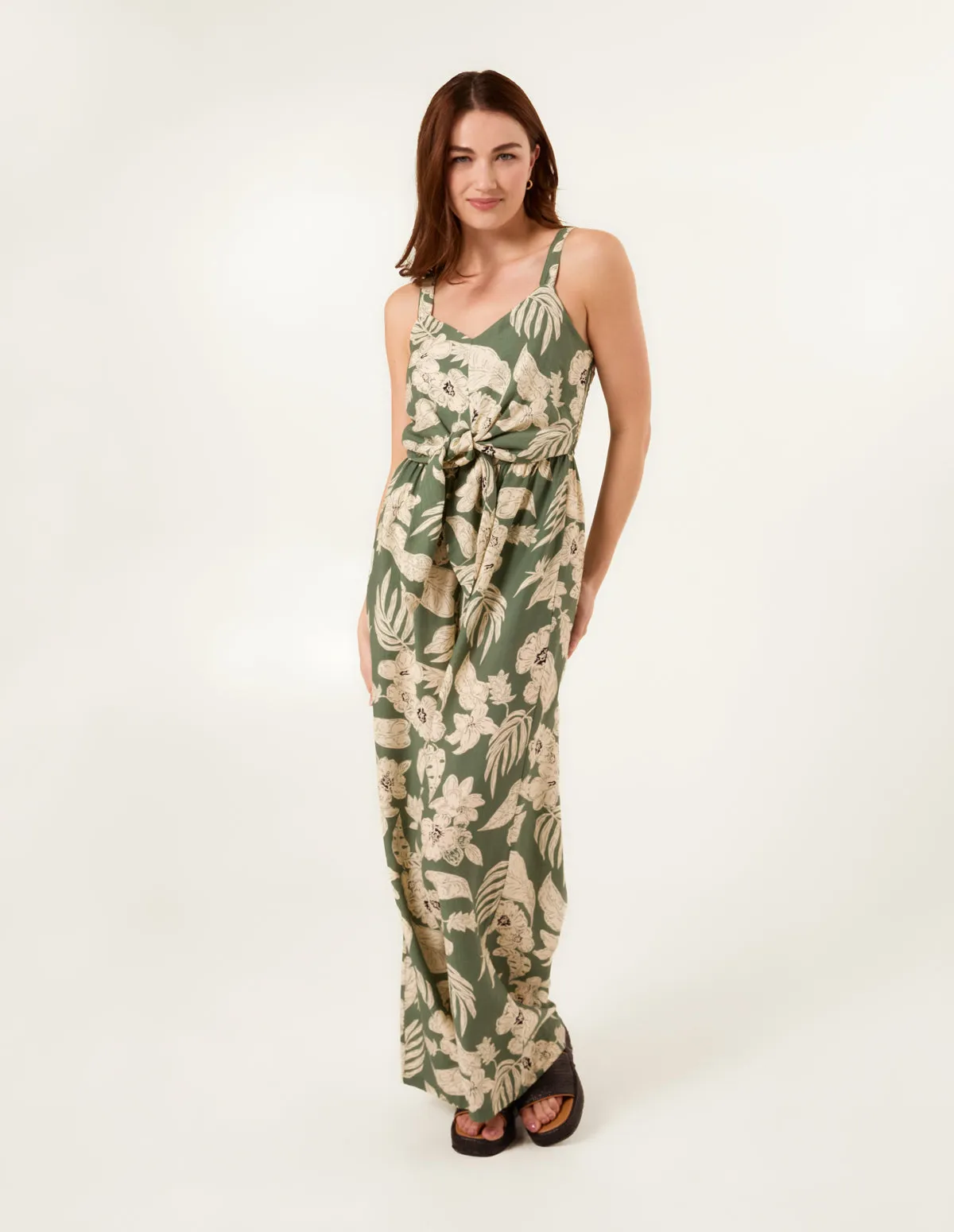 Tropical Print Tie Front Jumpsuit sold by Blue Vanilla