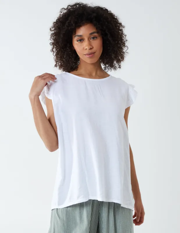 Button Back Frill Shoulder Top sold by Blue Vanilla