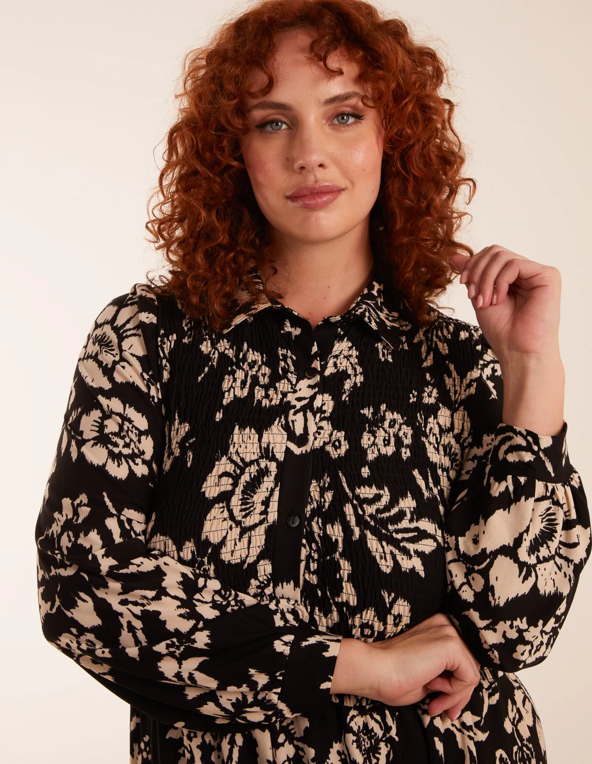 Curve Shirred Bust Long Sleeve Midi Shirred Dress sold by Blue Vanilla product image thumbnail 3