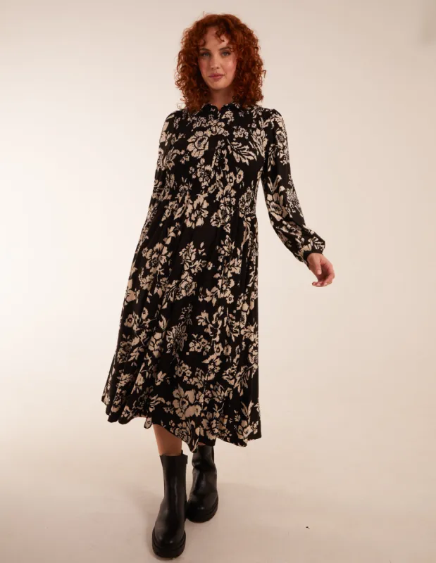 Curve Shirred Bust Long Sleeve Midi Shirred Dress sold by Blue Vanilla