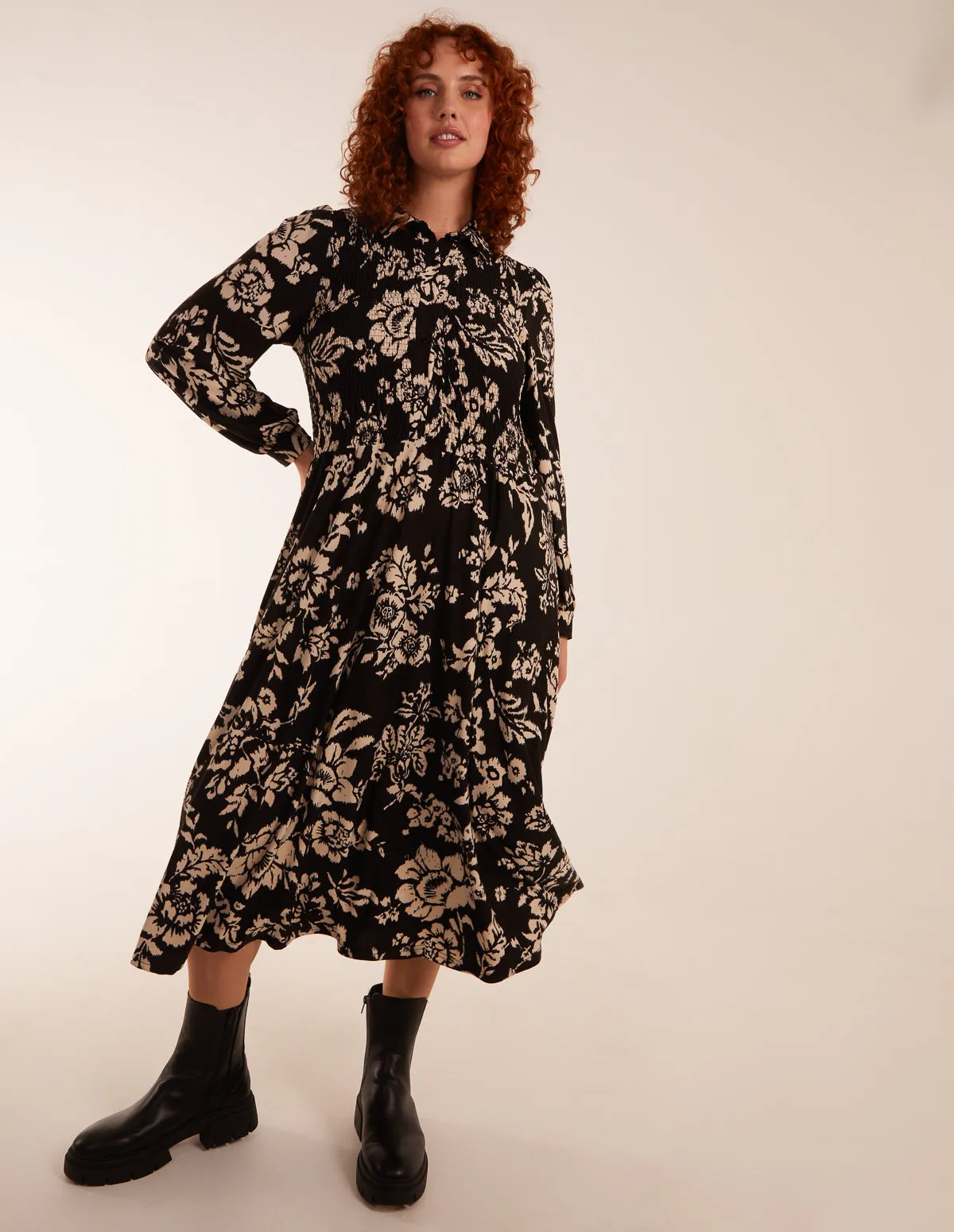 Curve Shirred Bust Long Sleeve Midi Shirred Dress sold by Blue Vanilla product image thumbnail 2