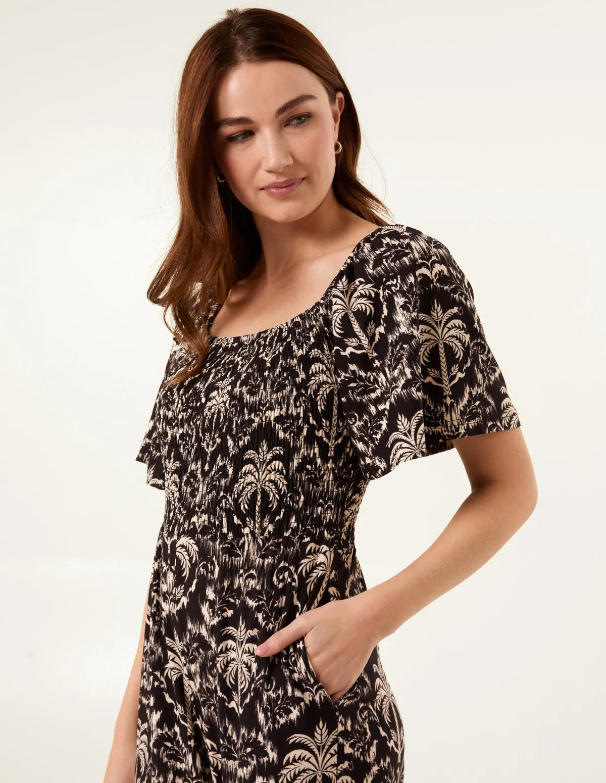 Palm Tree Print Square Neck Shirred Jumpsuit sold by Blue Vanilla product image thumbnail 2