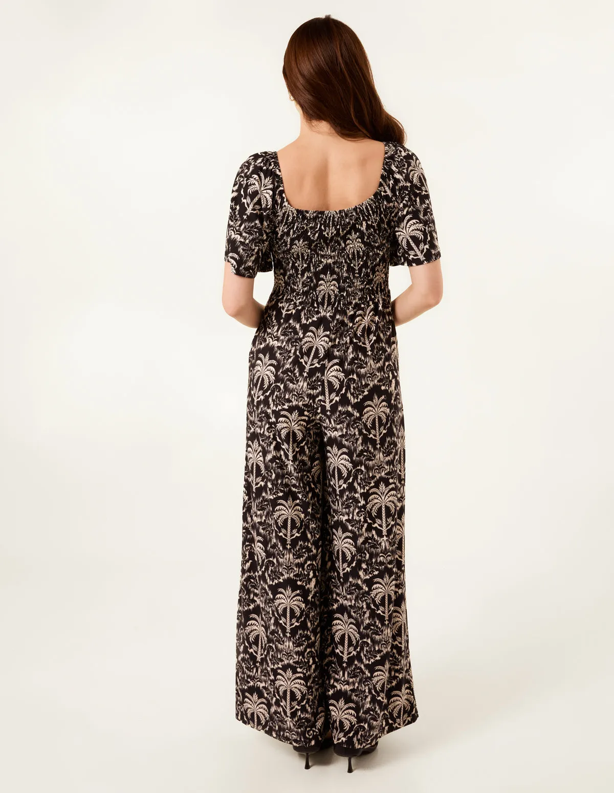 Palm Tree Print Square Neck Shirred Jumpsuit sold by Blue Vanilla product image thumbnail 4