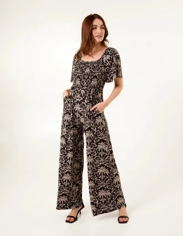 Palm Tree Print Square Neck Shirred Jumpsuit sold by Blue Vanilla