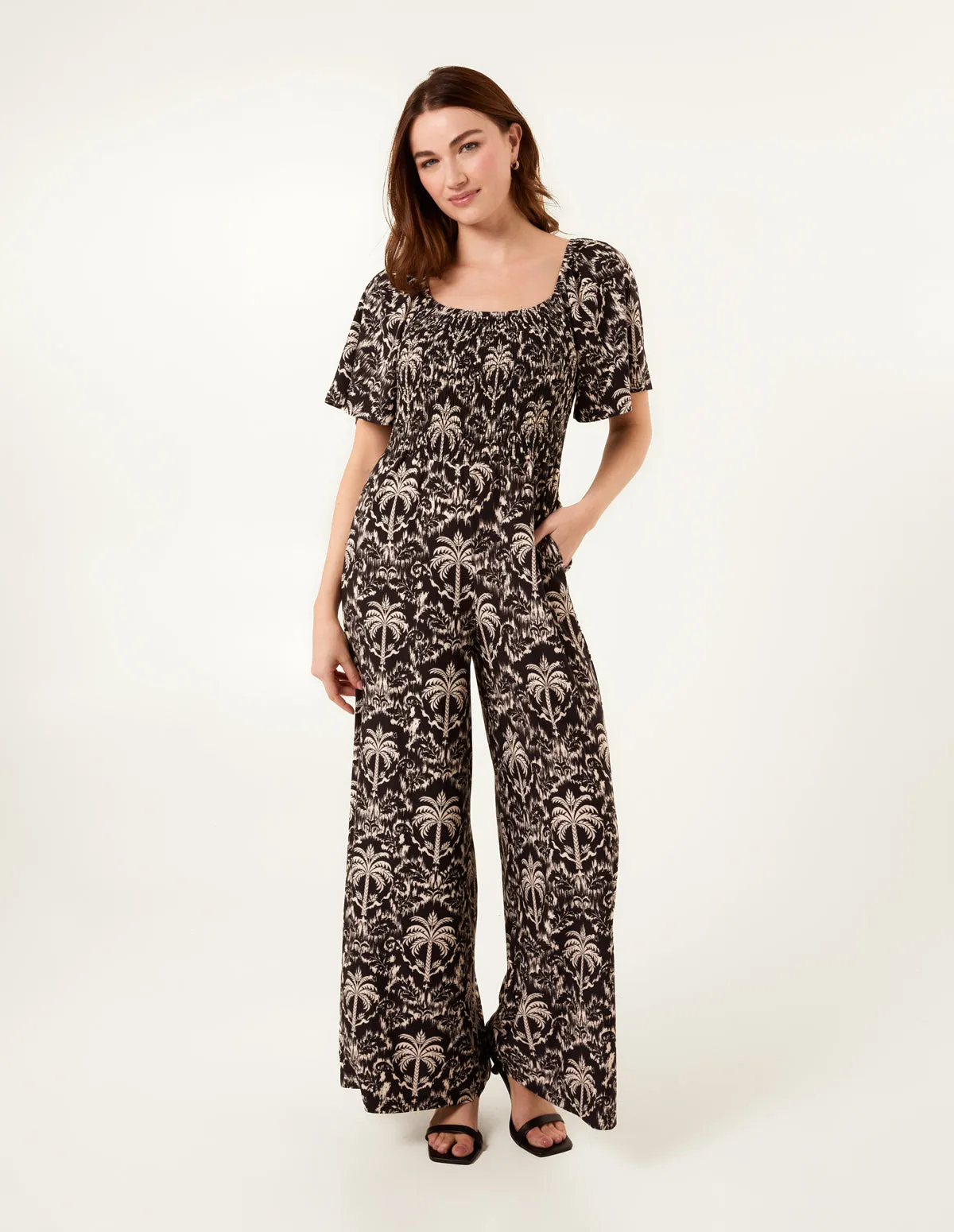 Palm Tree Print Square Neck Shirred Jumpsuit sold by Blue Vanilla product image thumbnail 3