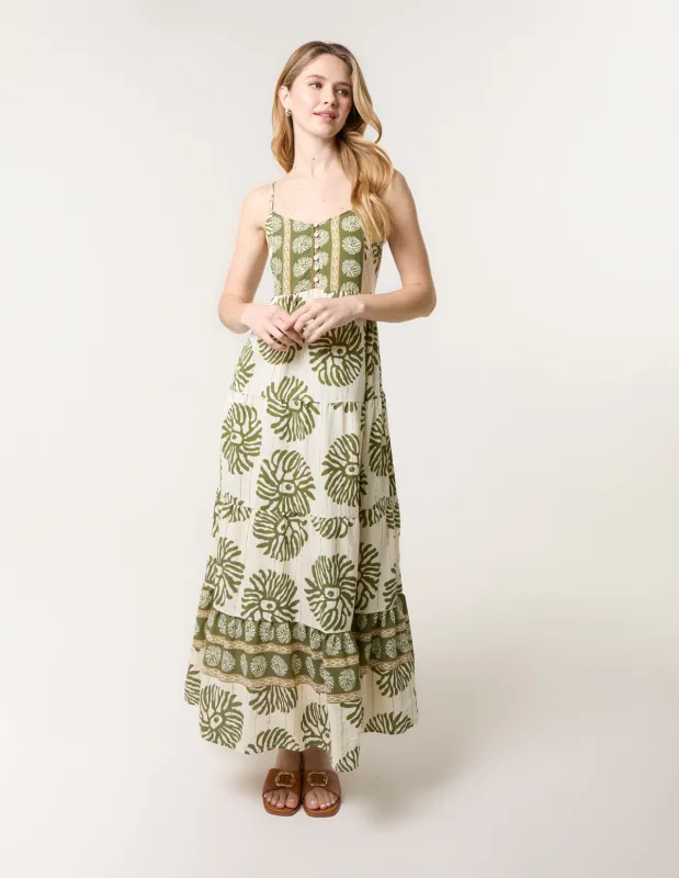 Abstract Strappy Button Front Maxi Dress sold by Blue Vanilla
