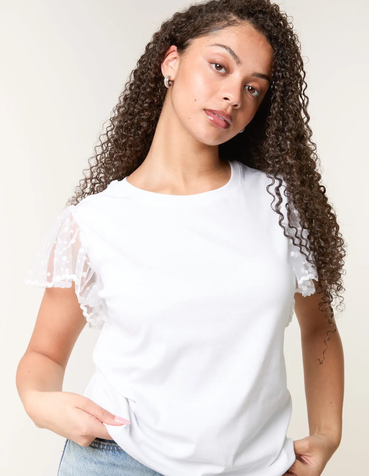 Polka Dot Mesh Sleeve T-shirt sold by Blue Vanilla