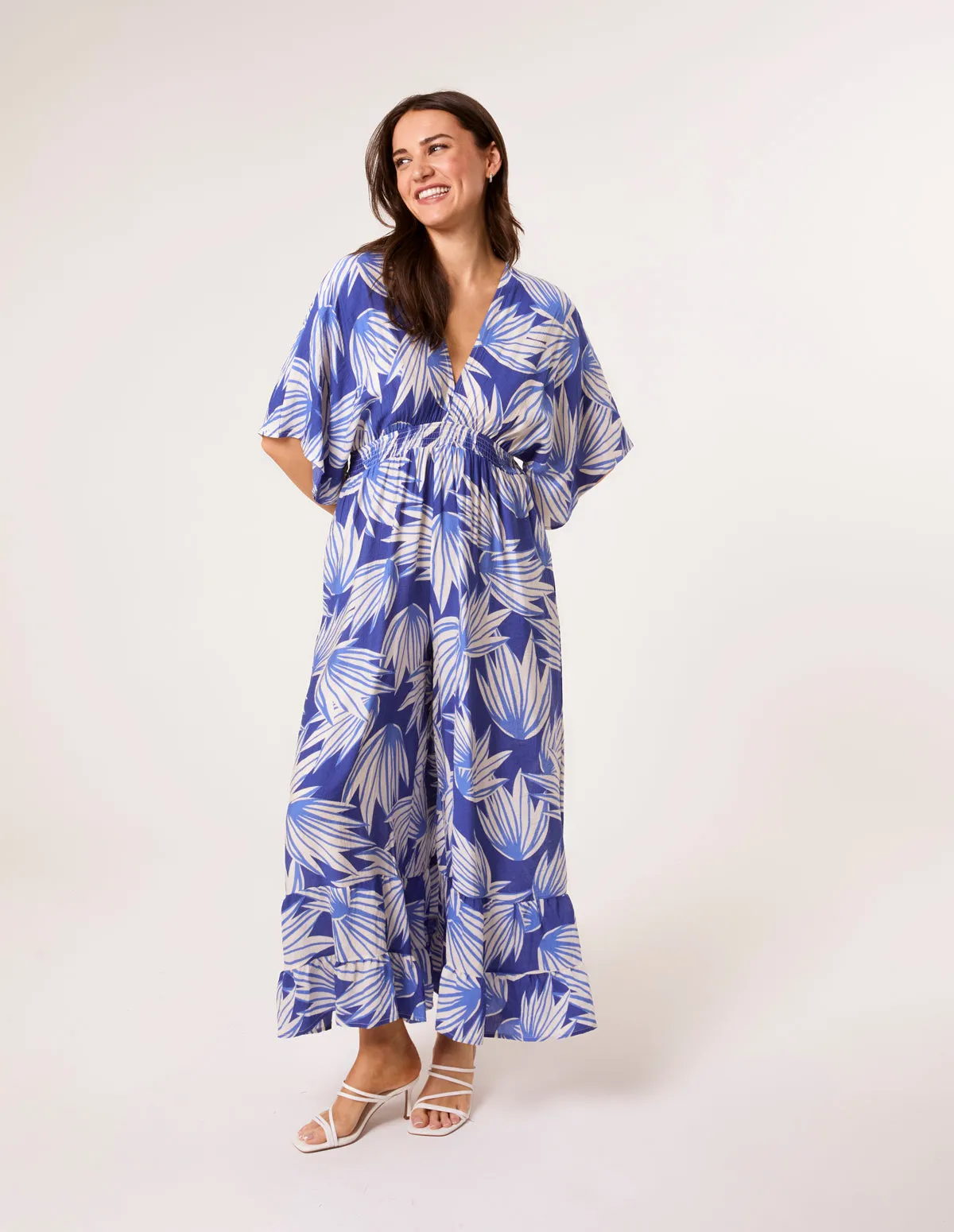 Printed Leaf Wide Leg Jumpsuit sold by Blue Vanilla