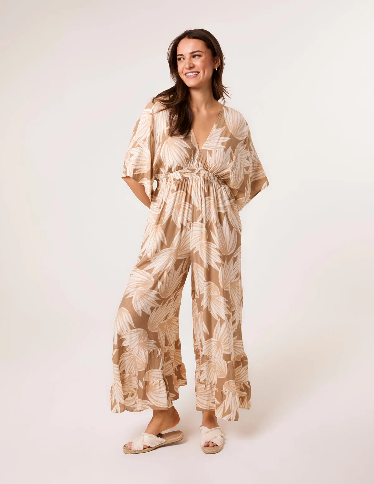 Printed Leaf Wide Leg Jumpsuit sold by Blue Vanilla