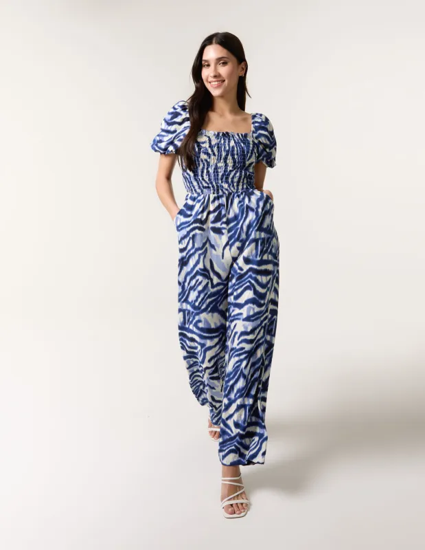 Printed Puff Sleeve Jumpsuit sold by Blue Vanilla