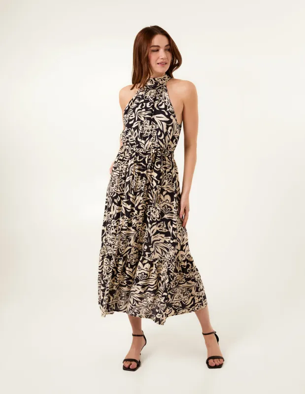 Tropical Print Halter Neck Belted Waist Midi Dress sold by Blue Vanilla