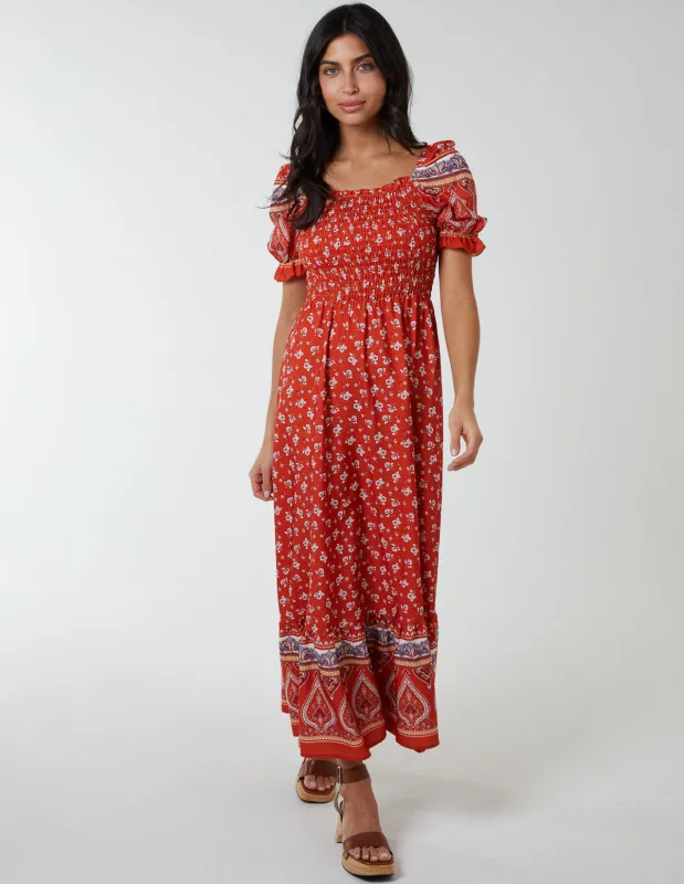Shirred Floral Maxi Dress sold by Blue Vanilla