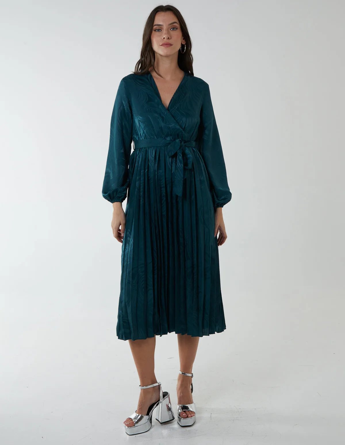Jacquard Wrap Front Belted Pleated Midi Dress sold by Blue Vanilla product image thumbnail 3