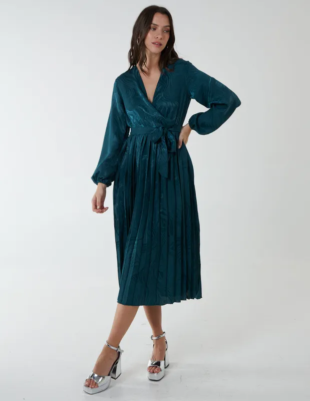Jacquard Wrap Front Belted Pleated Midi Dress made by Blue Vanilla
