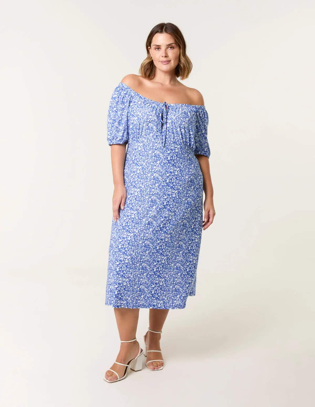 Curve Ditsy Print Milkmaid Stretch Crepe Midi Dress sold by Blue Vanilla product image thumbnail 3