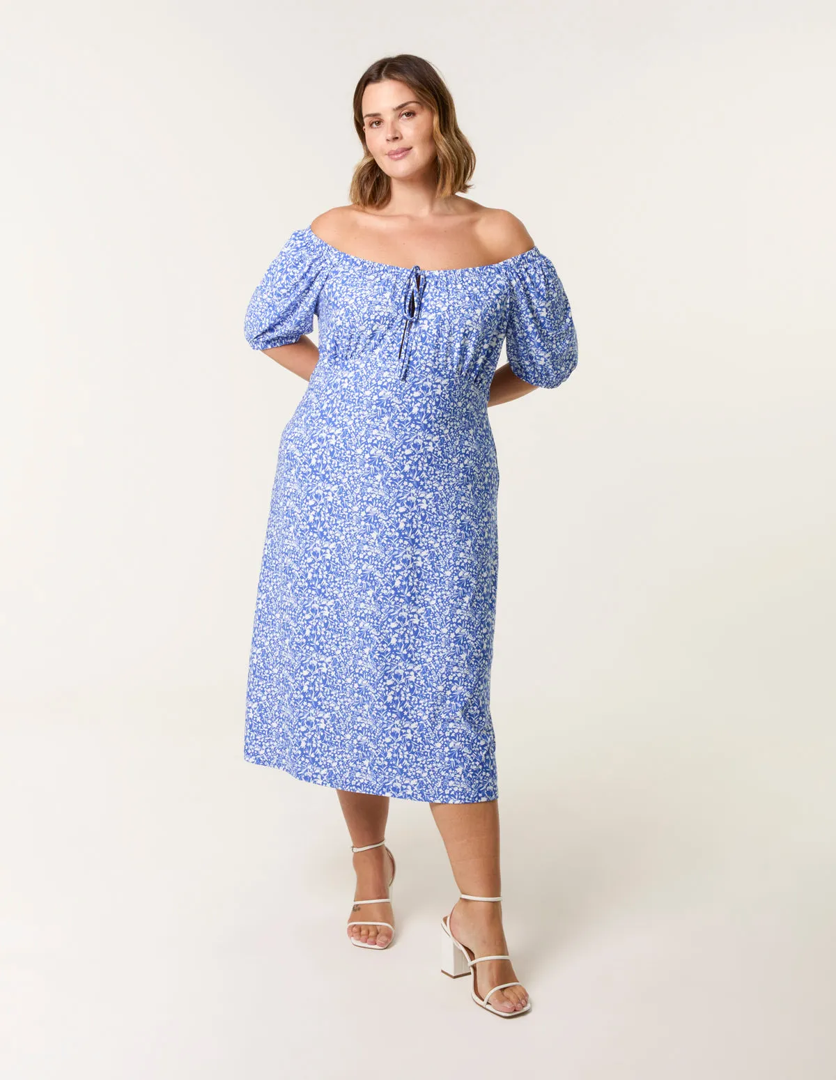 Curve Ditsy Print Milkmaid Stretch Crepe Midi Dress sold by Blue Vanilla