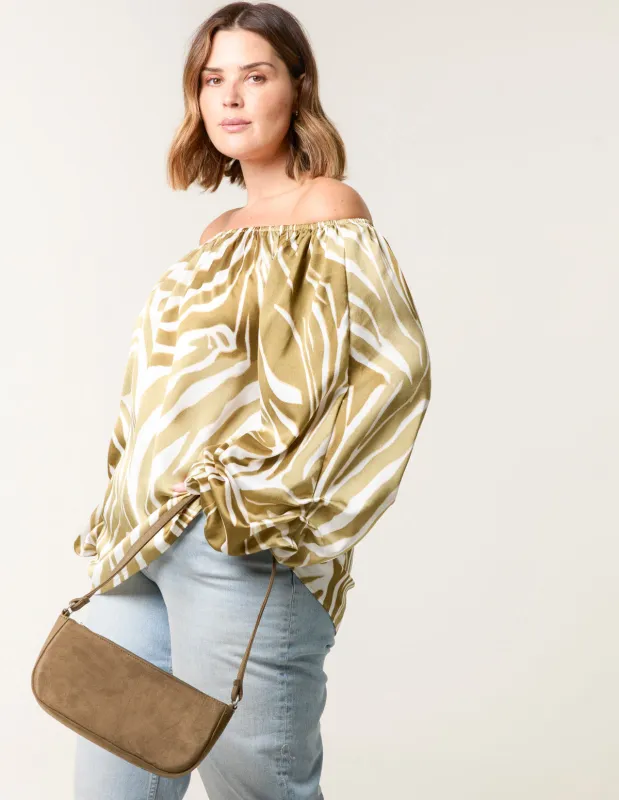 Curve Zebra Satin Ruched Bardot Top sold by Blue Vanilla