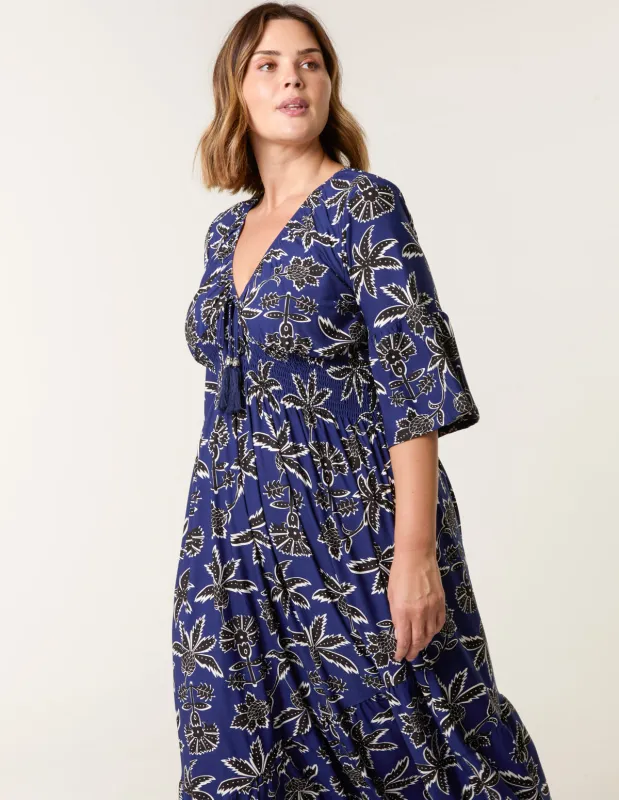 Curve Elasticated V Neck Tassel Tie Midi Dress sold by Blue Vanilla