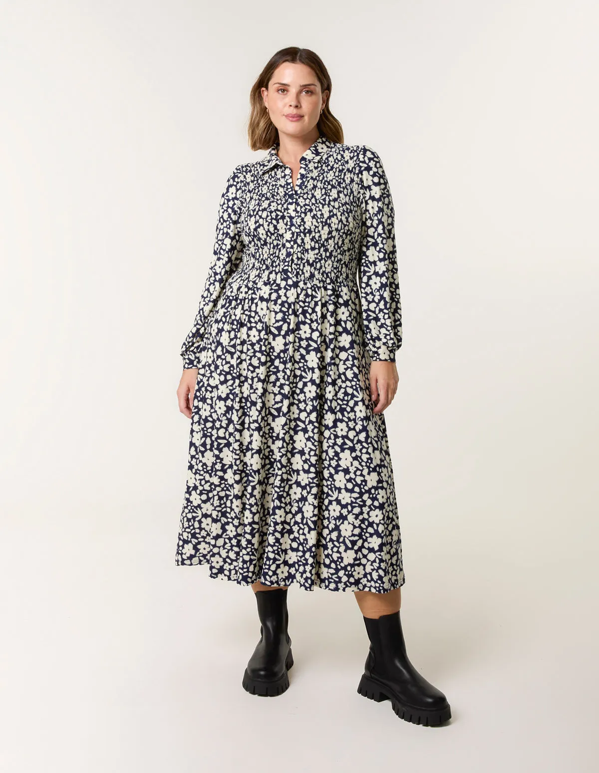 Curve Ditsy Floral Shirred Midi Shirt Dress sold by Blue Vanilla