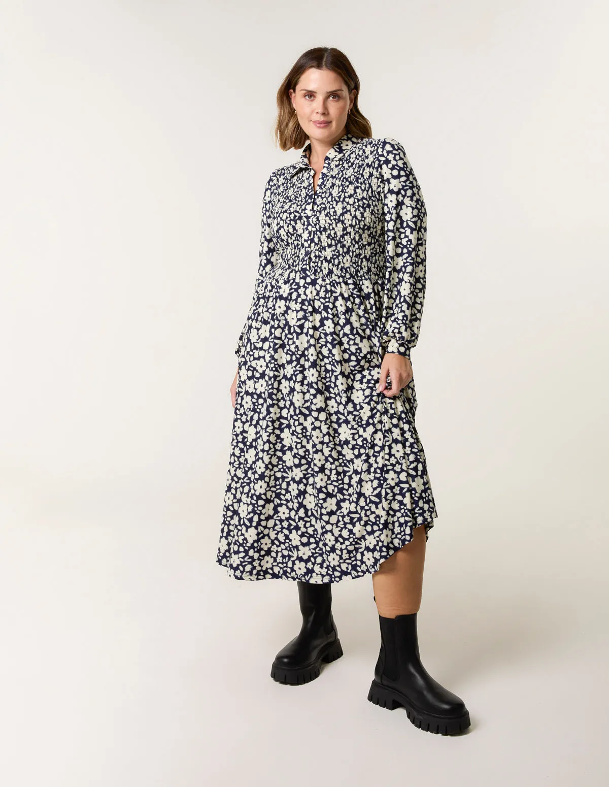 Curve Ditsy Floral Shirred Midi Shirt Dress sold by Blue Vanilla product image thumbnail 3