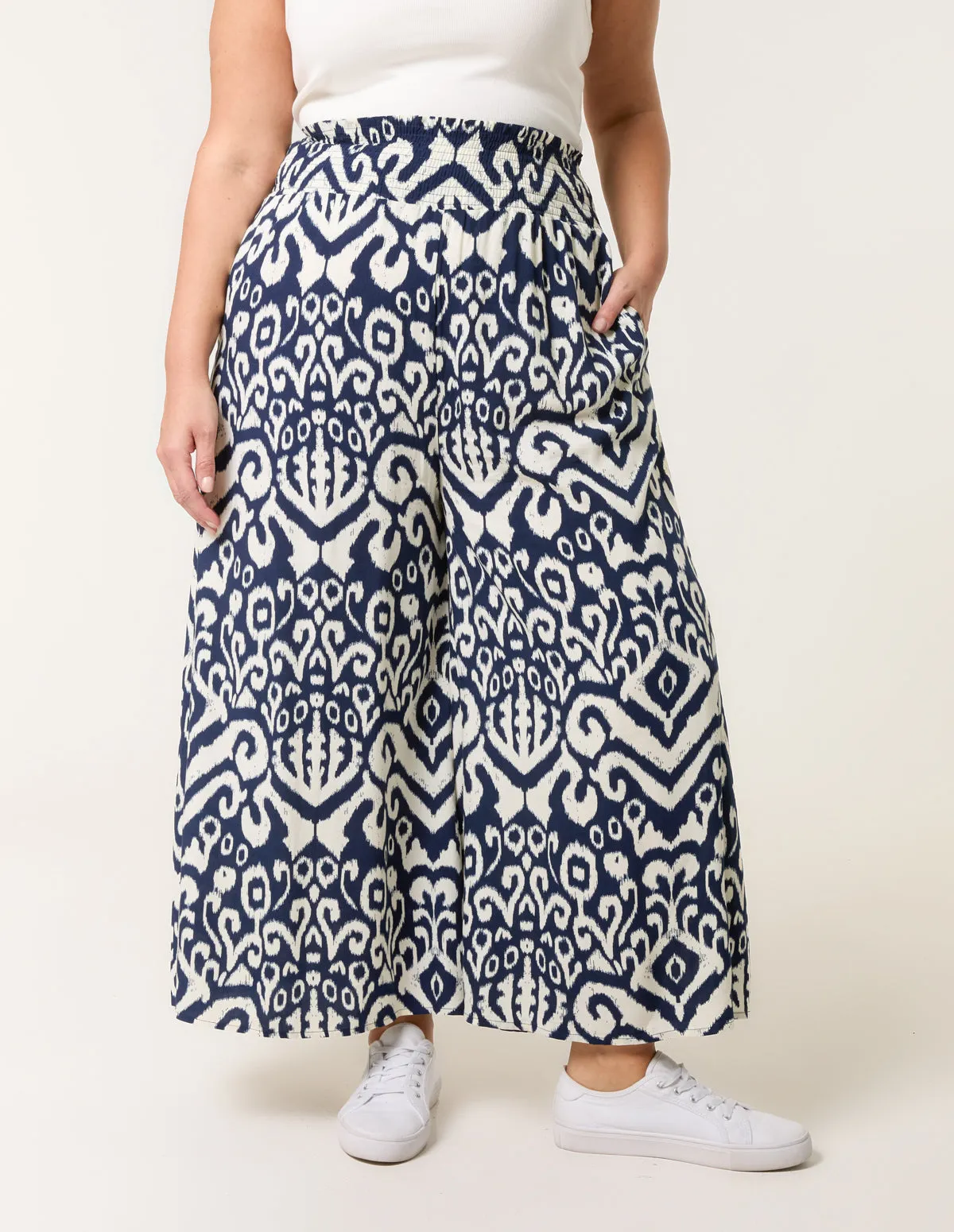 Curve Abstract Printed Shirred Waist Wide Leg Trouser sold by Blue Vanilla