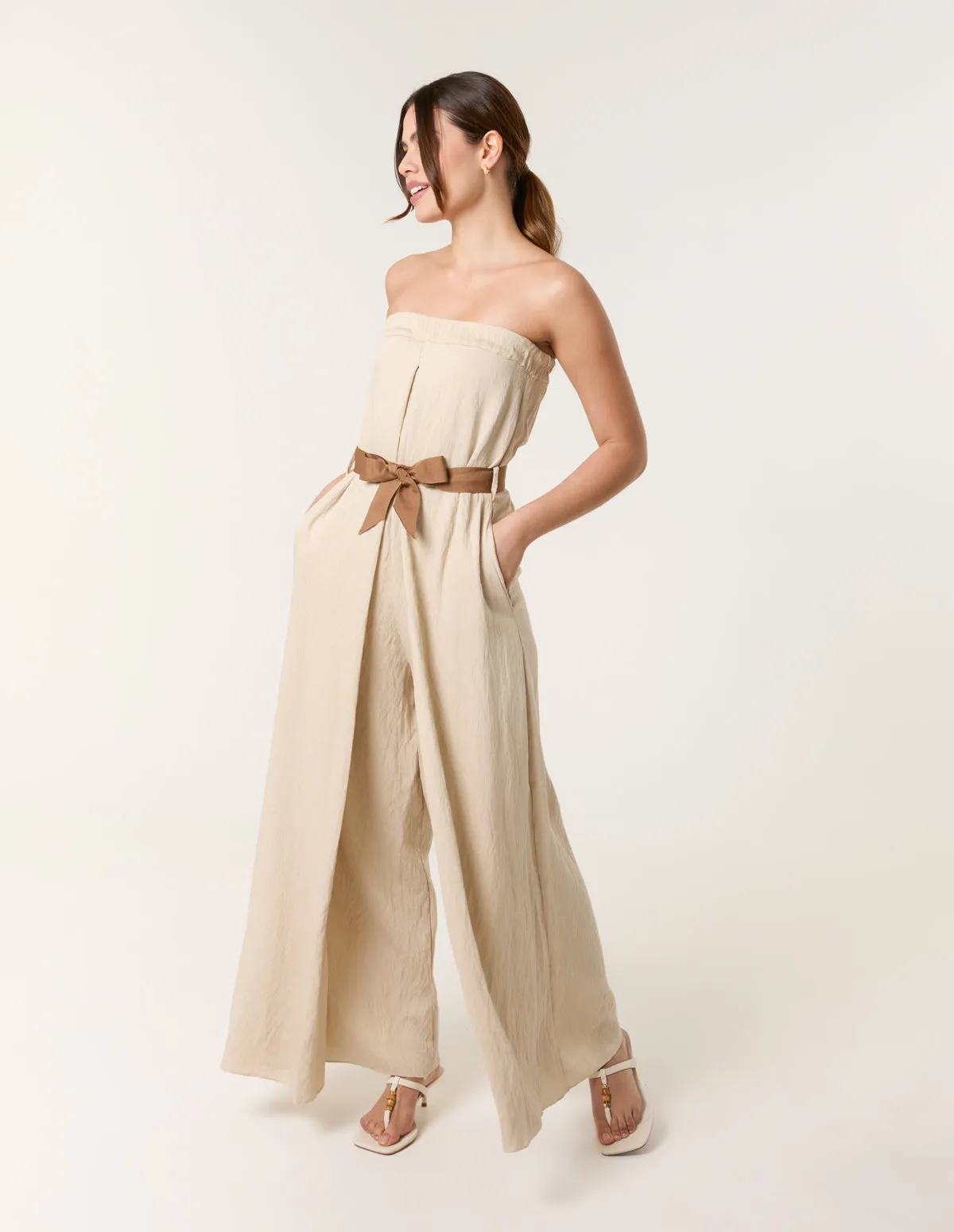 Linen Belted Wide Bandeau Jumpsuit sold by Blue Vanilla
