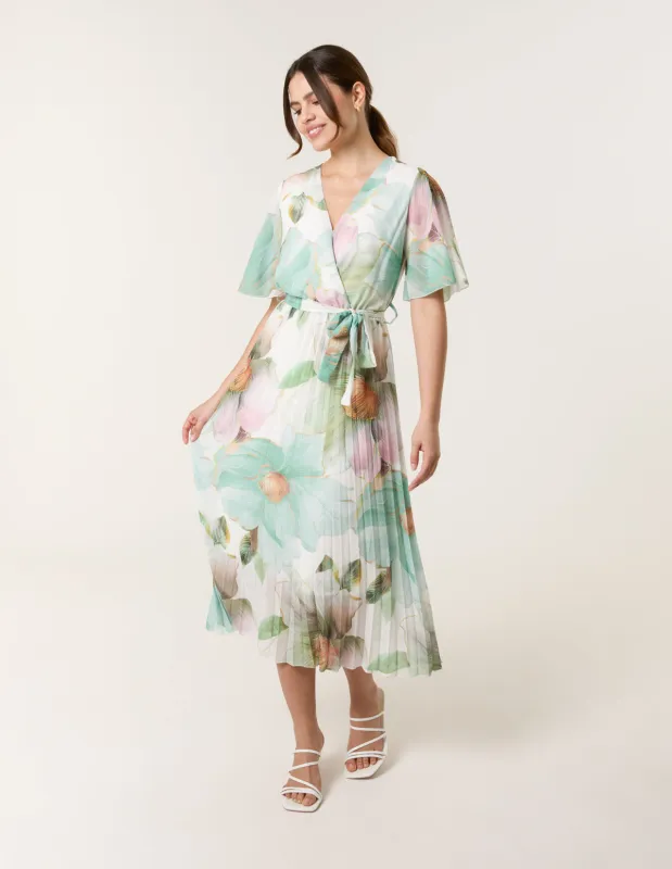 Watercolour Floral Printed Wrap Front Pleated Dress sold by Blue Vanilla