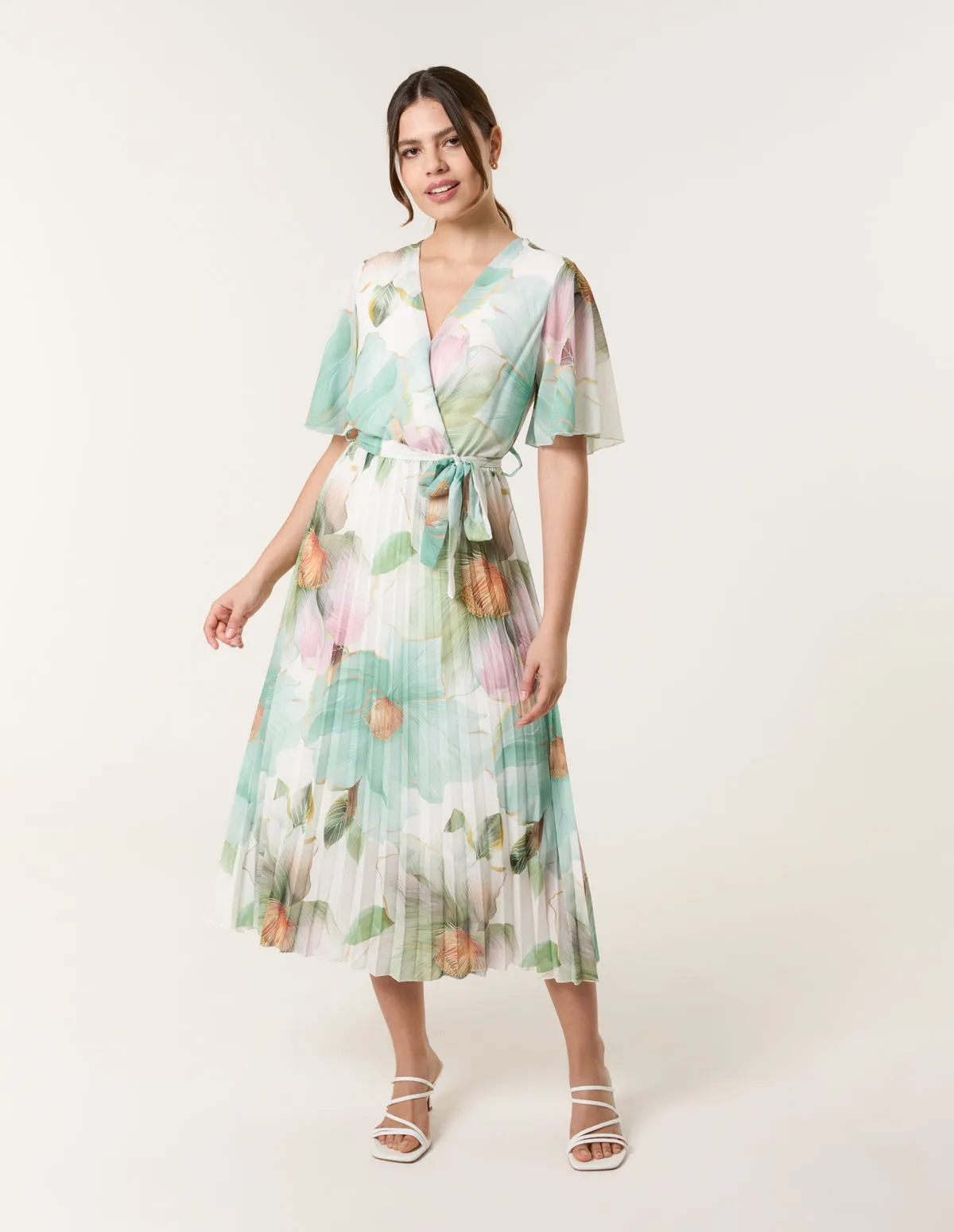 Watercolour Floral Printed Wrap Front Pleated Dress sold by Blue Vanilla product image thumbnail 3