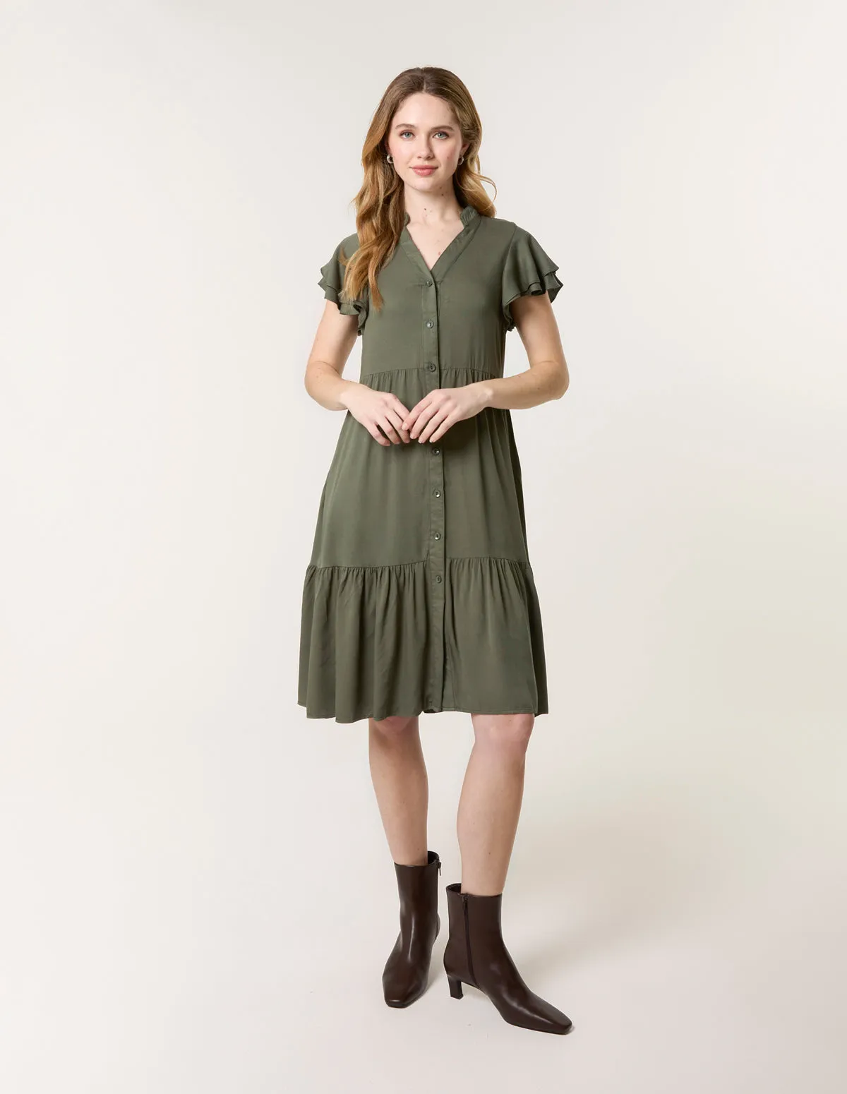 Angel Sleeve Button Front Midi Dress sold by Blue Vanilla