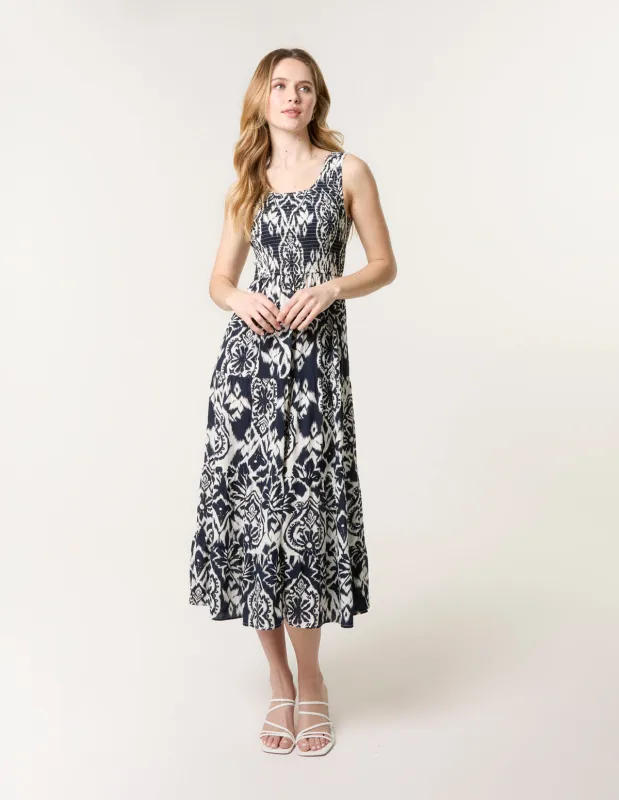 Shirred Sleeveless Midi Dress sold by Blue Vanilla