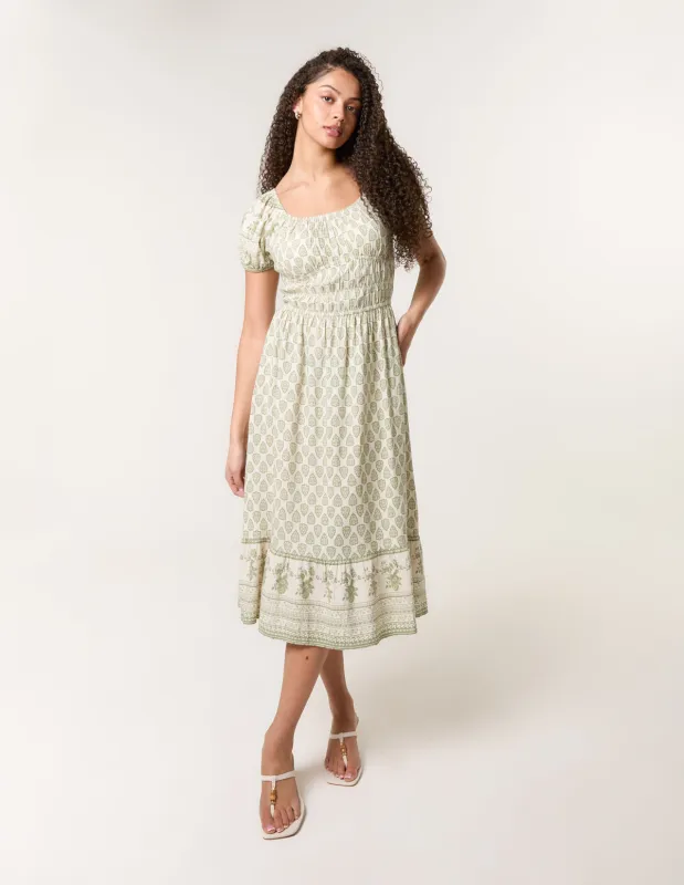 Border Print Puff Sleeve Midi Dress sold by Blue Vanilla