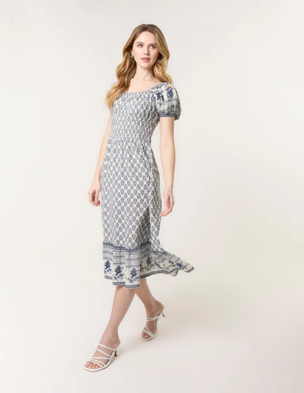 Border Print Puff Sleeve Midi Dress sold by Blue Vanilla